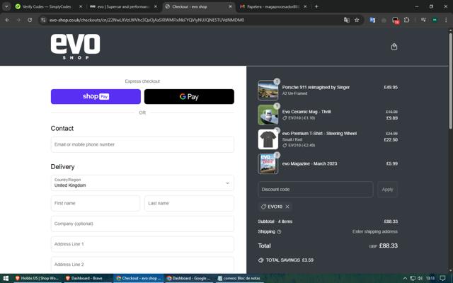 evo Magazine checkout page showing evo Magazine promo code box | Screenshot taken by SimplyCodes community member on May 9, 2025