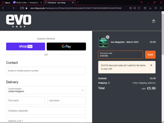 evo Magazine checkout page showing evo Magazine promo code box | Screenshot taken by SimplyCodes community member on Mar 29, 2024