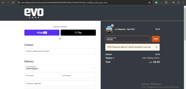 evo Magazine checkout page showing evo Magazine promo code box | Screenshot taken by SimplyCodes community member on Apr 27, 2024