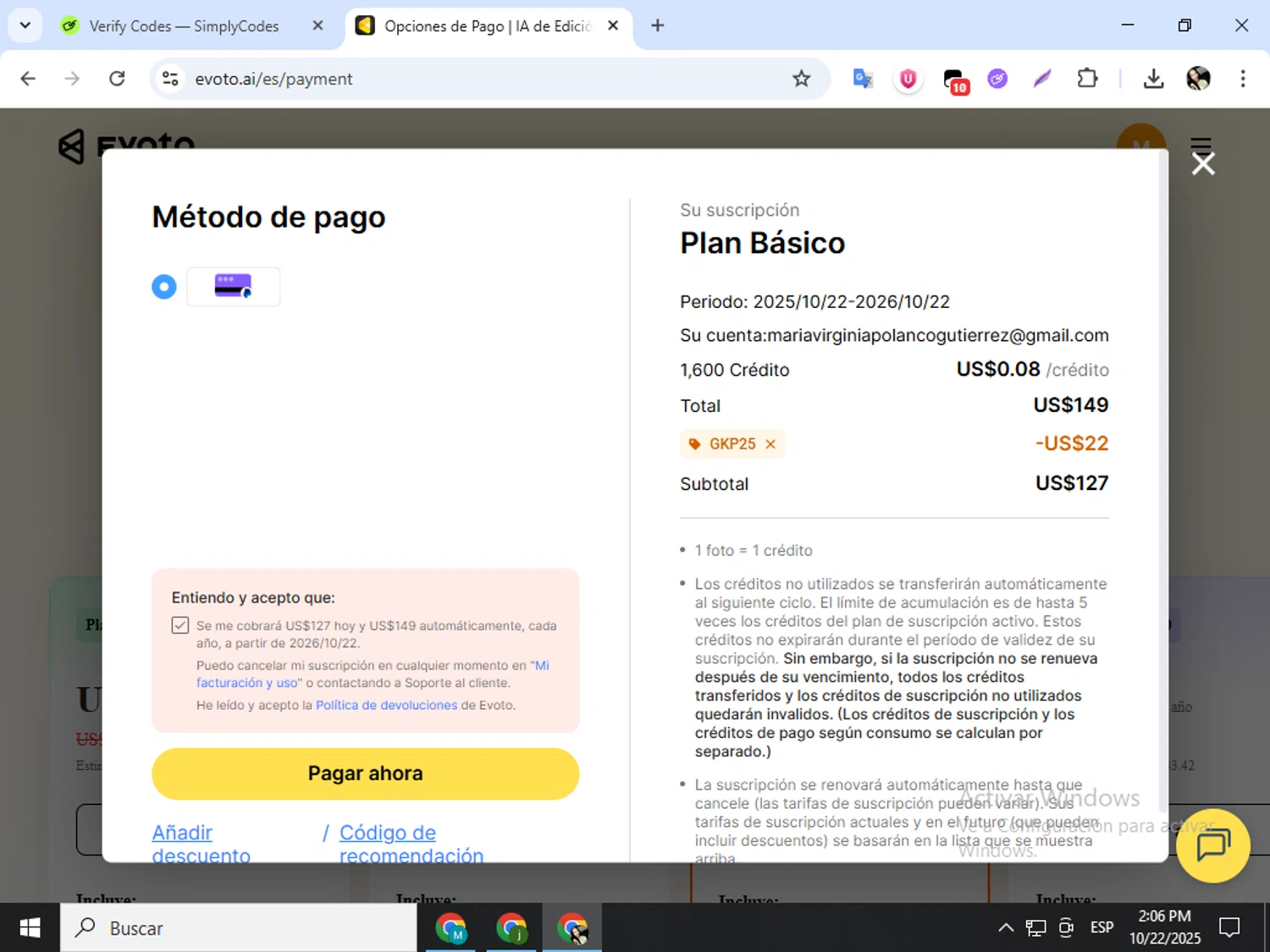 Evoto discount code screenshot showing code GKP25 applied at Evoto checkout page. Uploaded by SimplyCodes community member mariapolancog on Oct 22, 2025