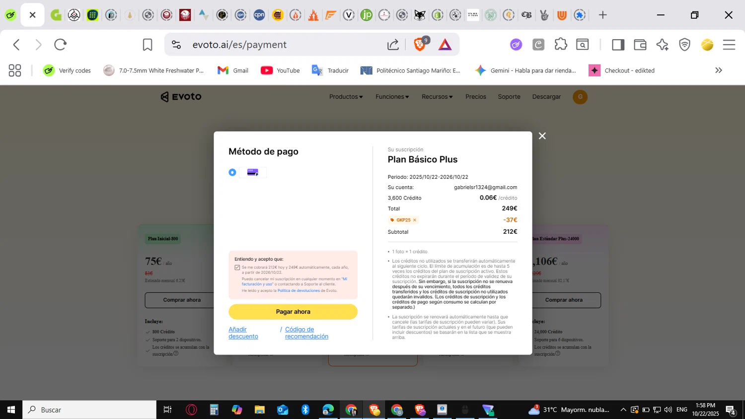 Evoto discount code screenshot showing code GKP25 applied at Evoto checkout page. Uploaded by SimplyCodes community member conorgrey on Oct 22, 2025