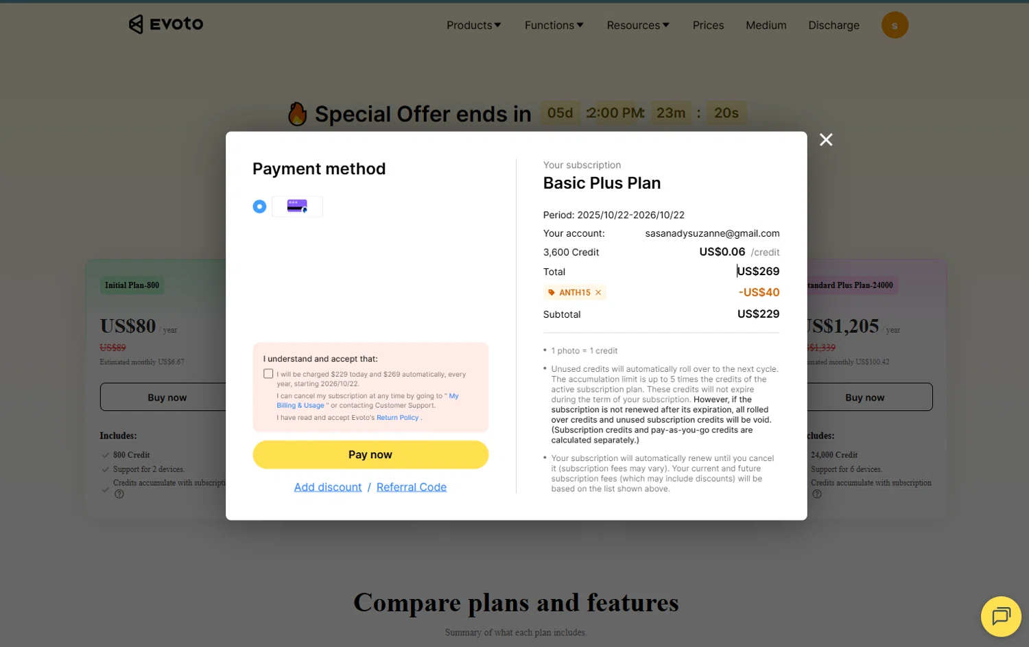 Evoto discount code screenshot showing code ANTH15 applied at Evoto checkout page. Uploaded by SimplyCodes community member PrimeWhiz5416 on Oct 22, 2025