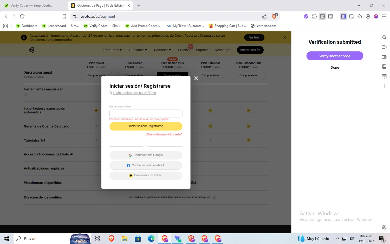Evoto discount code screenshot showing code ANTH15 applied at Evoto checkout page. Uploaded by SimplyCodes community member Rayyyyyy on Dec 19, 2025