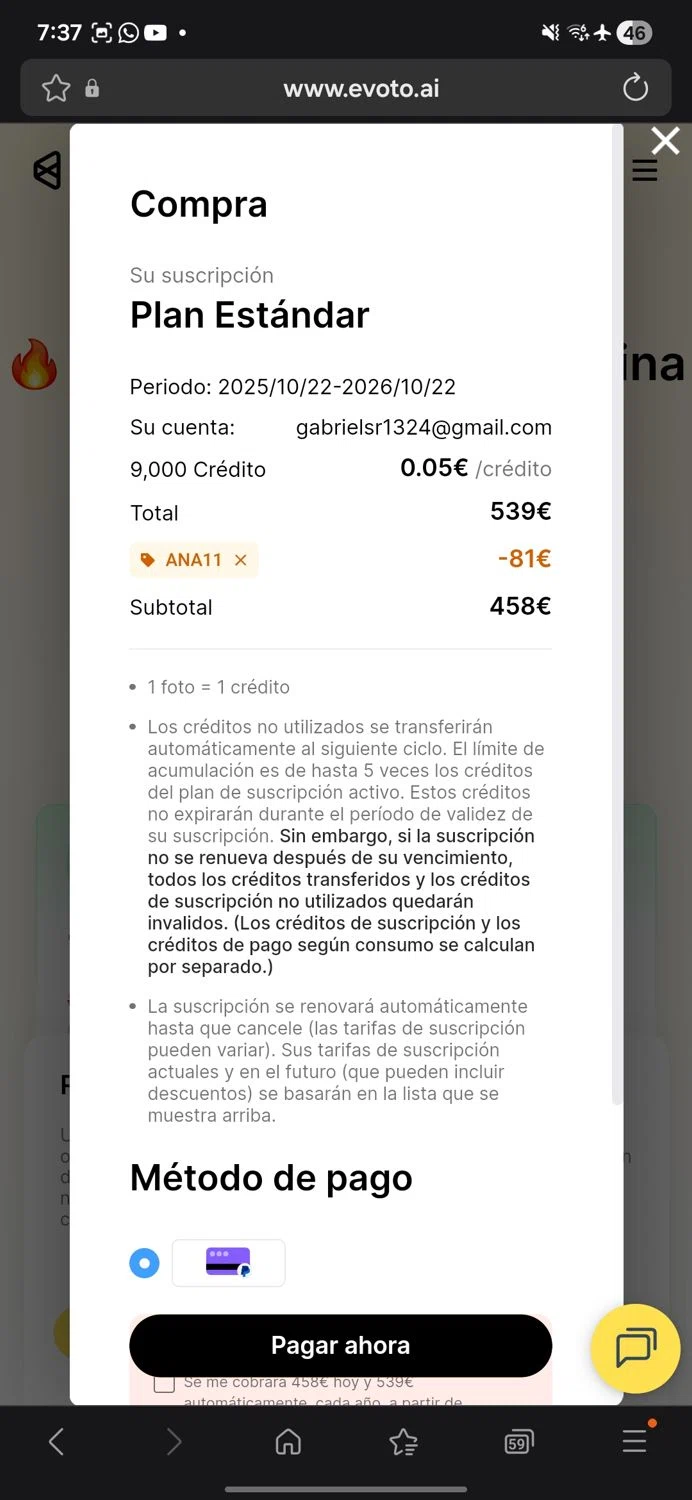 Evoto discount code screenshot showing code ANA11 applied at Evoto checkout page. Uploaded by SimplyCodes community member Carbon132 on Oct 22, 2025