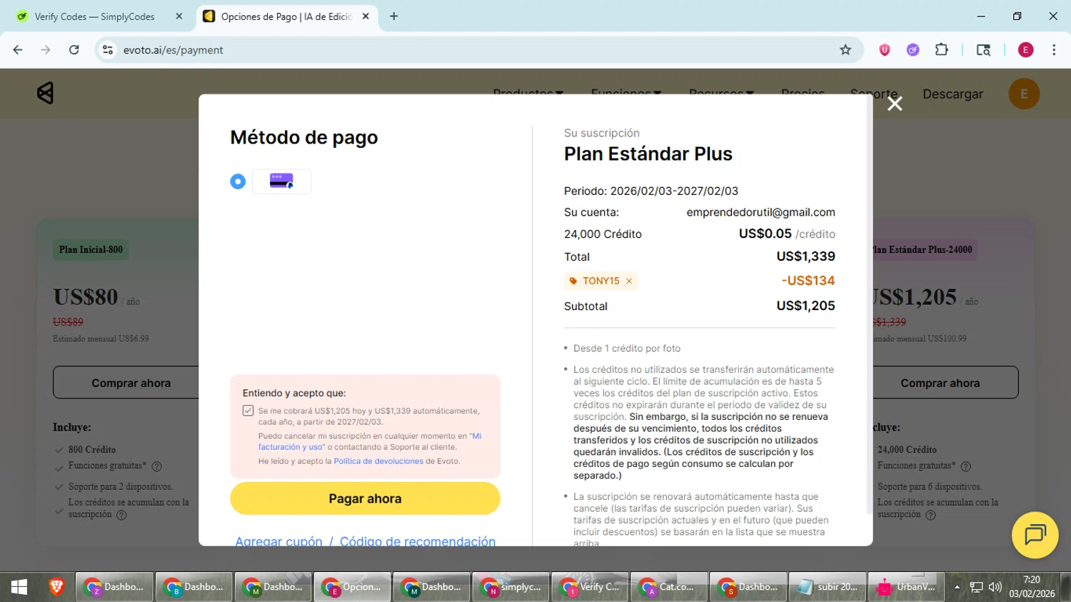 Evoto checkout page showing Evoto discount code box | Screenshot taken by SimplyCodes community member on Feb 3, 2026