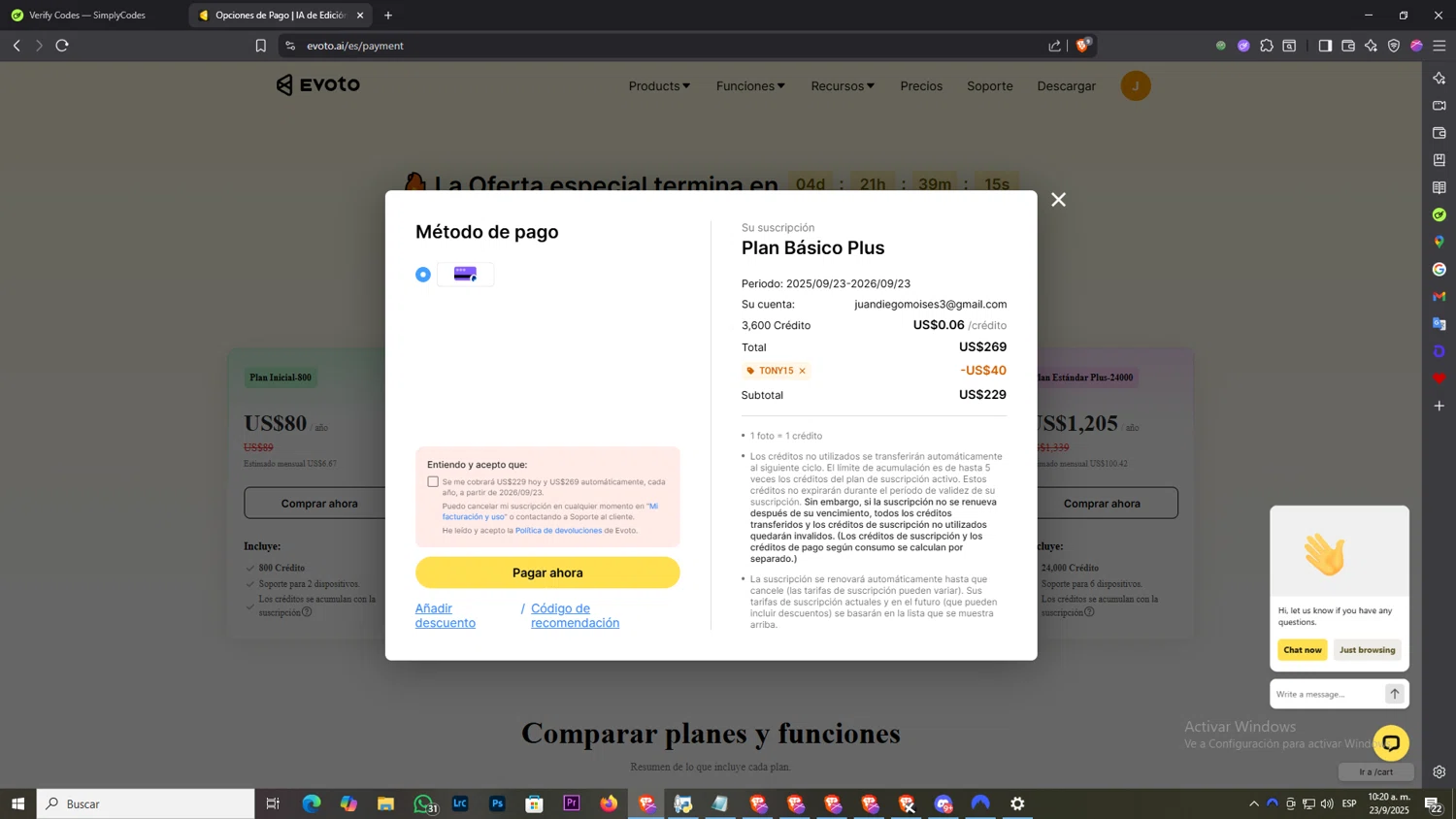 Evoto discount code screenshot showing code TONY15 applied at Evoto checkout page. Uploaded by SimplyCodes community member NobleLegend6162 on Sep 23, 2025