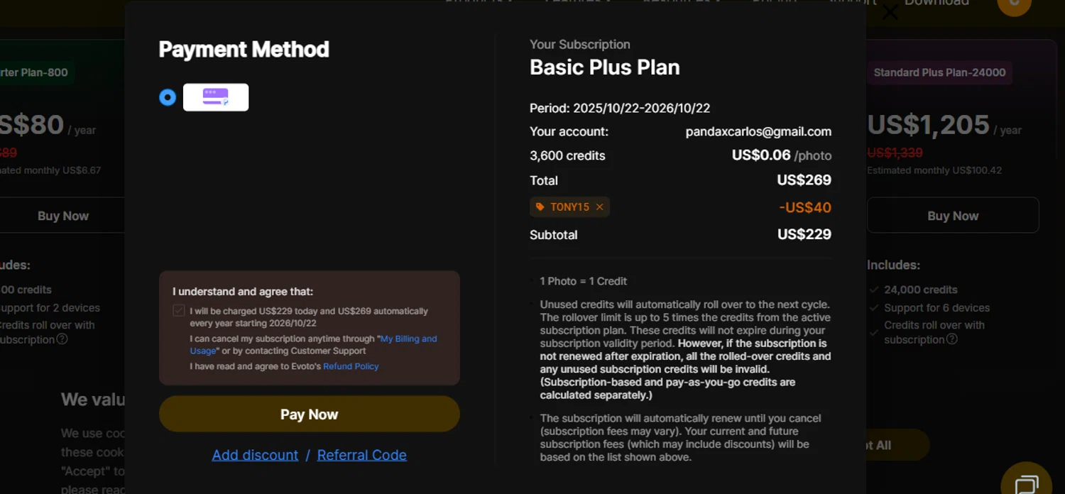 Evoto discount code screenshot showing code TONY15 applied at Evoto checkout page. Uploaded by SimplyCodes community member chepipi on Oct 22, 2025
