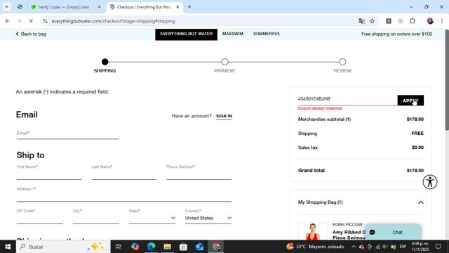 Everything But Water checkout page showing Everything But Water promo code box | Screenshot taken by SimplyCodes community member on Jan 11, 2025
