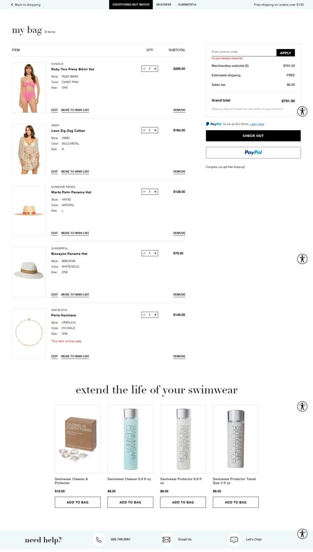 Everything But Water checkout page showing Everything But Water promo code box | Screenshot taken by SimplyCodes community member on Jan 11, 2025