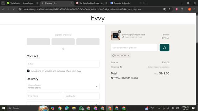 Evvy checkout page showing Evvy discount code box | Screenshot taken by SimplyCodes community member on Sep 11, 2025