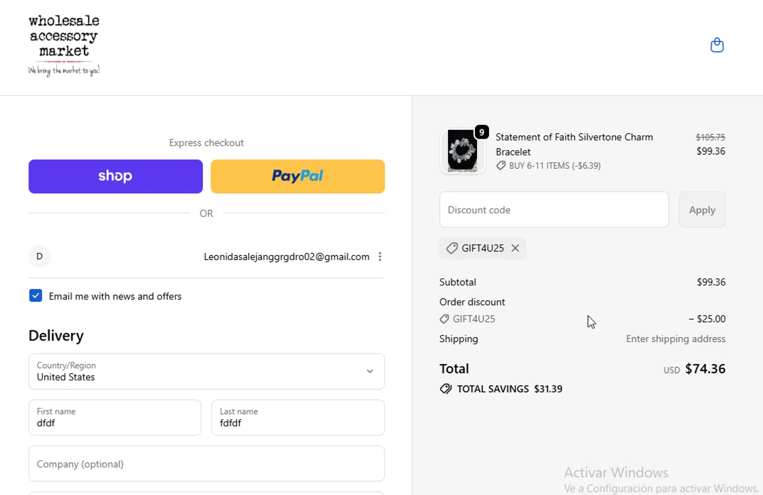 Wholesale Accessory Market checkout page showing Wholesale Accessory Market discount code box | Screenshot taken by SimplyCodes community member on Dec 23, 2025