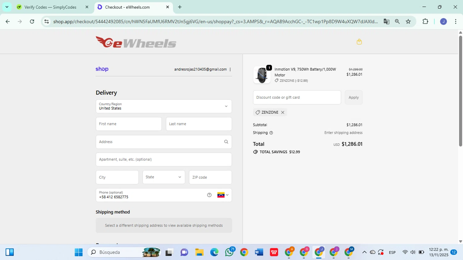 Ewheels discount code screenshot showing code ZENZONE applied at Ewheels checkout page. Uploaded by SimplyCodes community member DiscountSleuth6807 on Nov 13, 2025