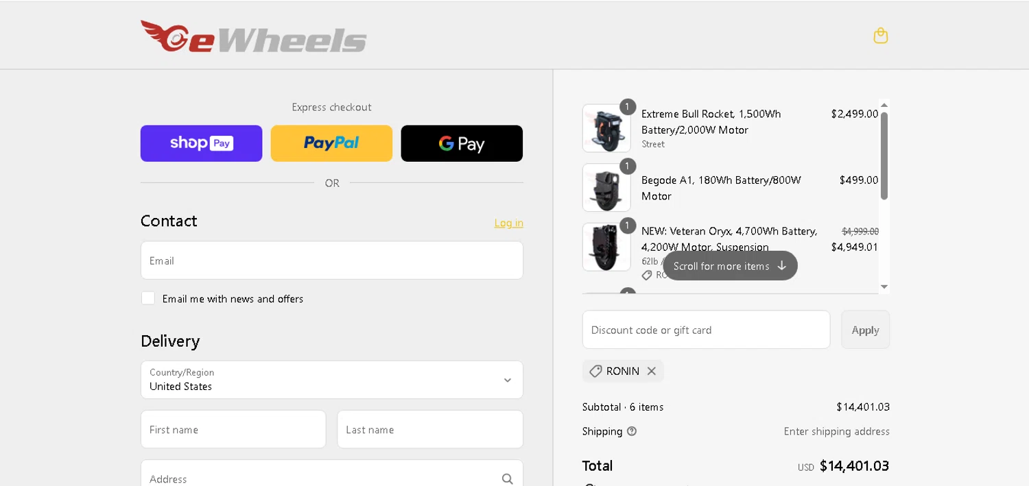 Ewheels discount code screenshot showing code Ronin applied at Ewheels checkout page. Uploaded by SimplyCodes community member MoneyHunter5624 on Aug 20, 2025