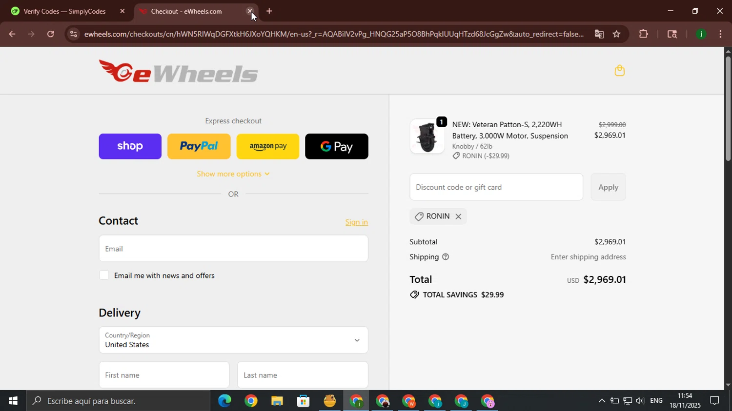 Ewheels discount code screenshot showing code Ronin applied at Ewheels checkout page. Uploaded by SimplyCodes community member jorgeroz on Nov 18, 2025