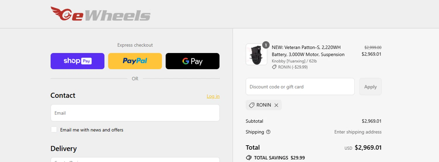 Ewheels discount code screenshot showing code Ronin applied at Ewheels checkout page. Uploaded by SimplyCodes community member ashe1986 on Aug 20, 2025