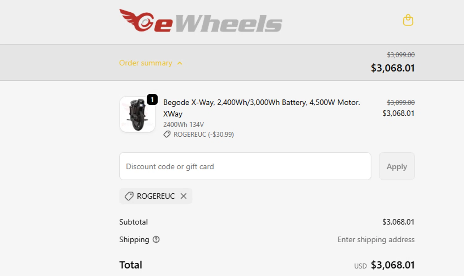 Ewheels discount code screenshot showing code ROGEREUC applied at Ewheels checkout page. Uploaded by SimplyCodes community member ashe1986 on Sep 19, 2025