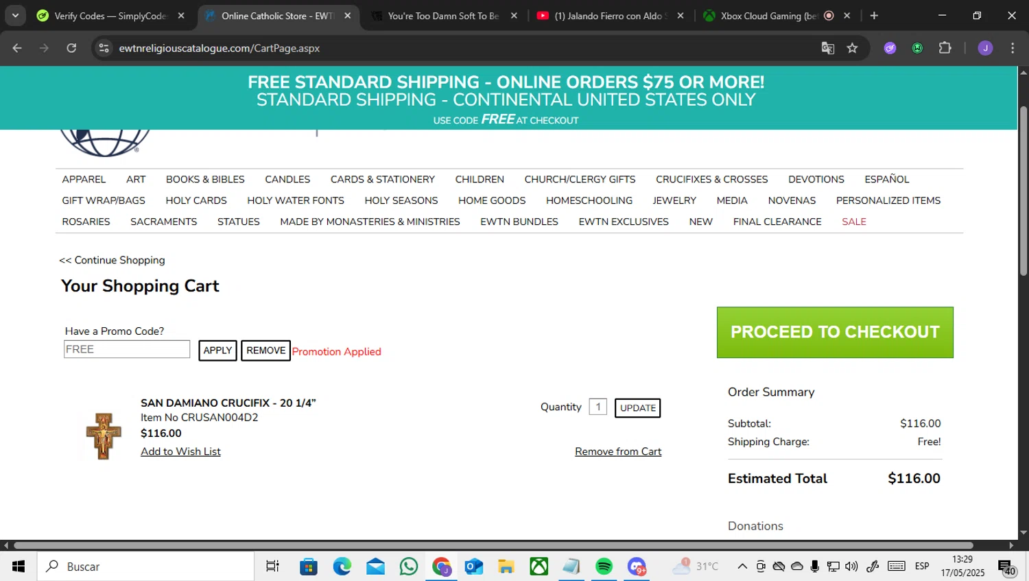 EWTN Religious Catalogue checkout page showing EWTN Religious Catalogue promo code box | Screenshot taken by SimplyCodes community member on May 17, 2025