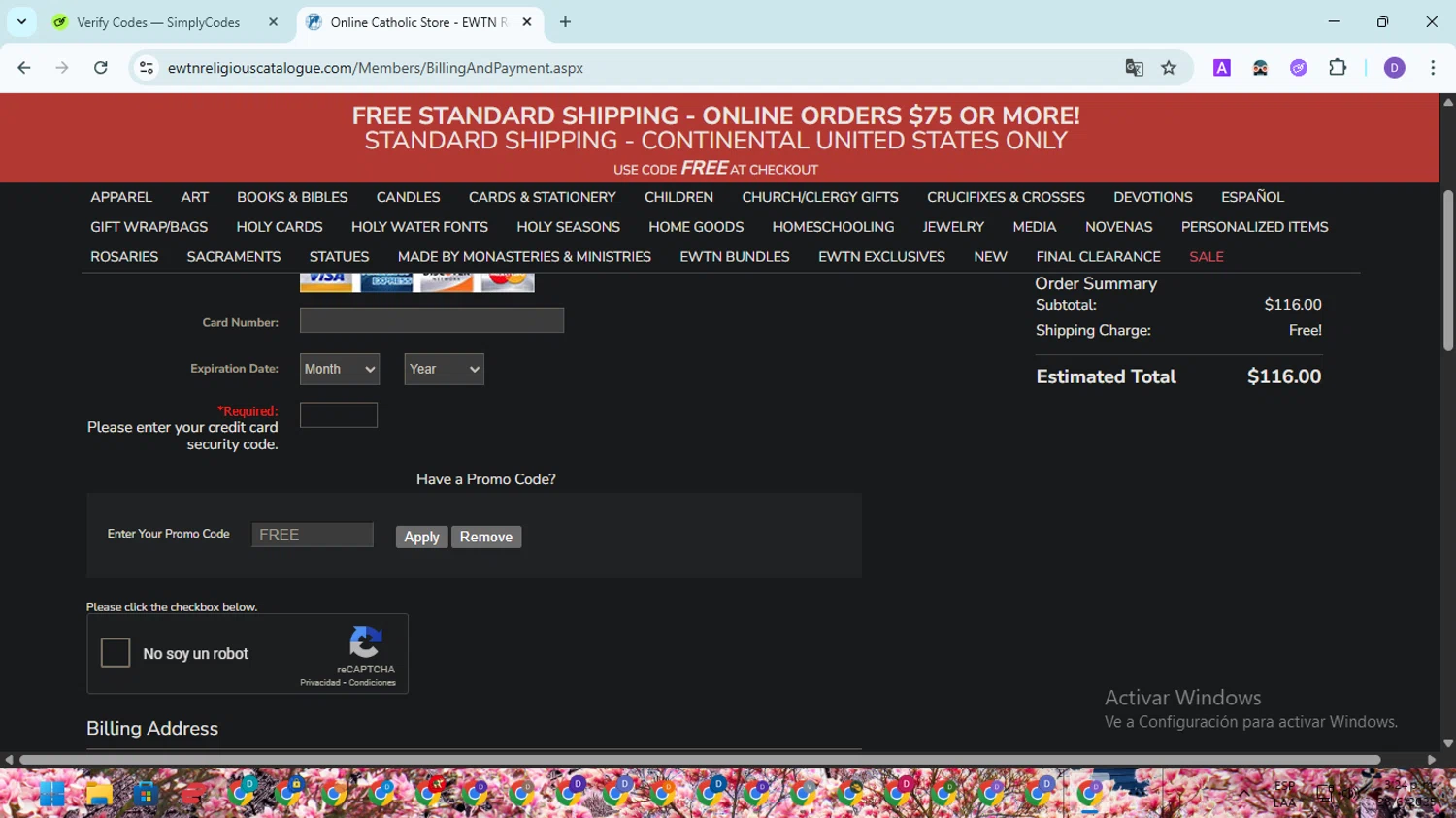 EWTN Religious Catalogue promo code screenshot showing code FREE applied at EWTN Religious Catalogue checkout page. Uploaded by SimplyCodes community member EpicSpotter8045 on Jun 28, 2025