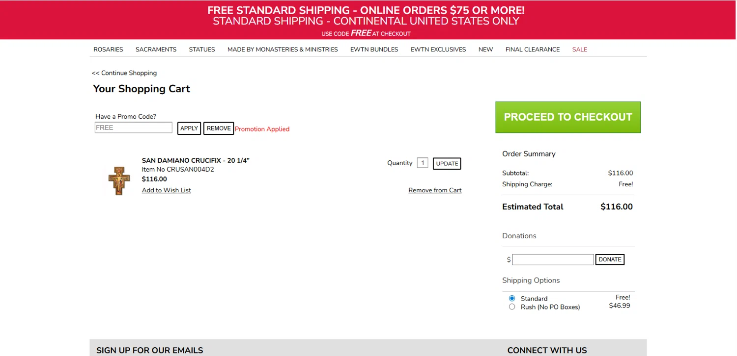 EWTN Religious Catalogue checkout page showing EWTN Religious Catalogue promo code box | Screenshot taken by SimplyCodes community member on Jan 8, 2026
