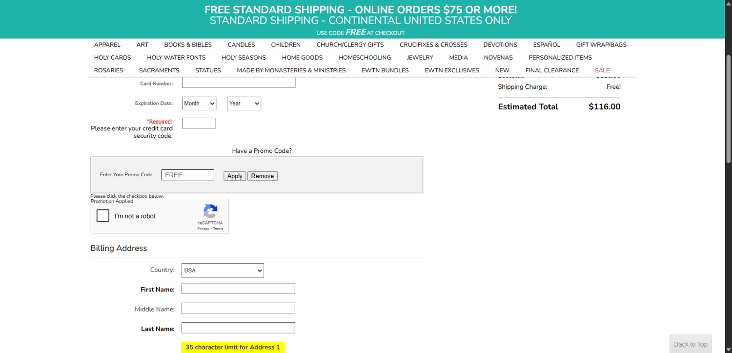 EWTN Religious Catalogue checkout page showing EWTN Religious Catalogue promo code box | Screenshot taken by SimplyCodes community member on Apr 3, 2025