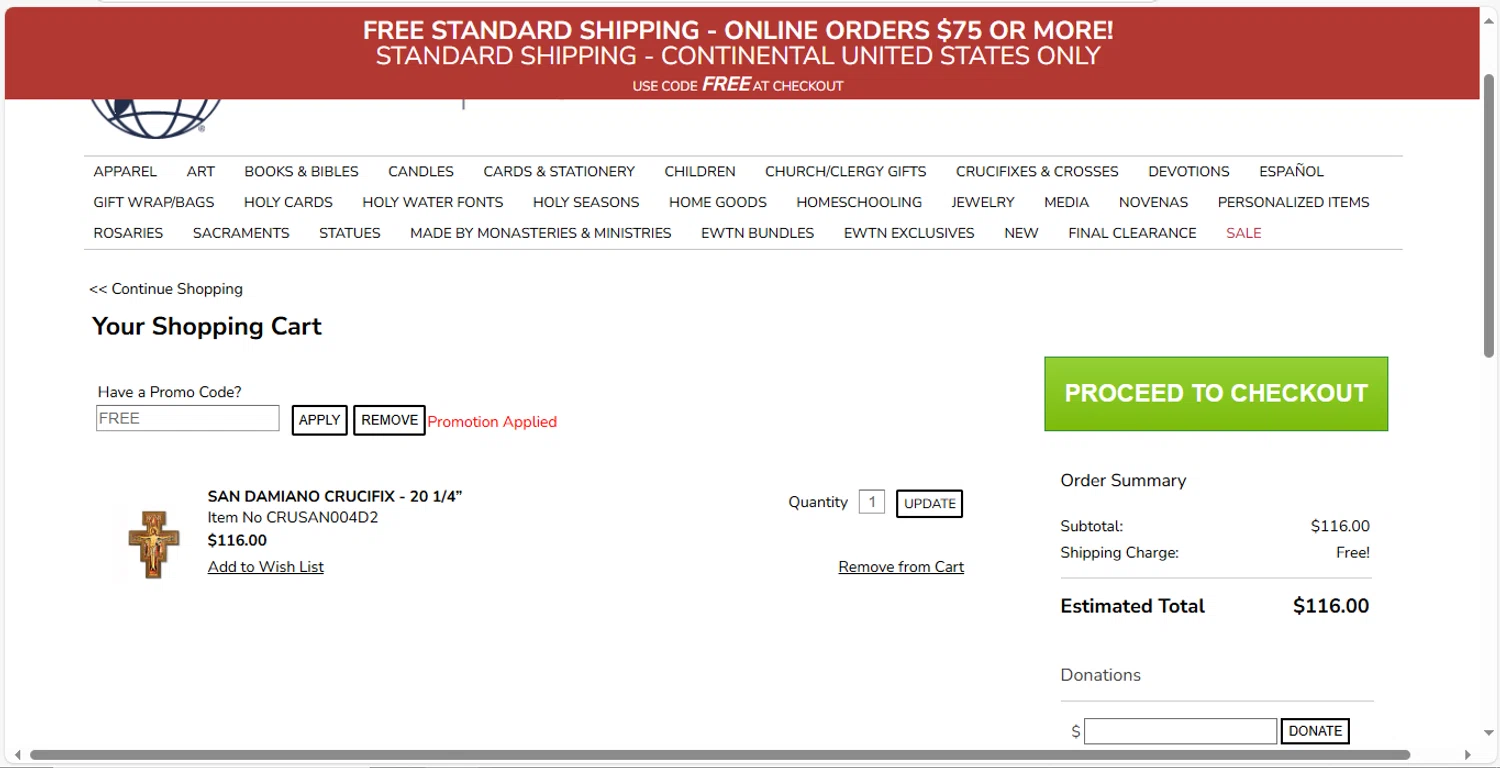 EWTN Religious Catalogue promo code screenshot showing code FREE applied at EWTN Religious Catalogue checkout page. Uploaded by SimplyCodes community member MagnificentVirtuoso8433 on Jun 21, 2025