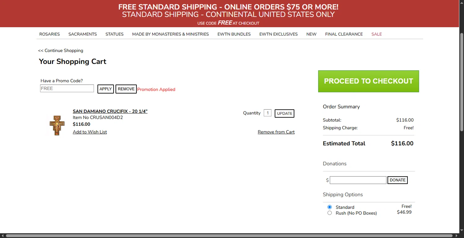 EWTN Religious Catalogue promo code screenshot showing code FREE applied at EWTN Religious Catalogue checkout page. Uploaded by SimplyCodes community member RewardLion6202 on Jun 7, 2025