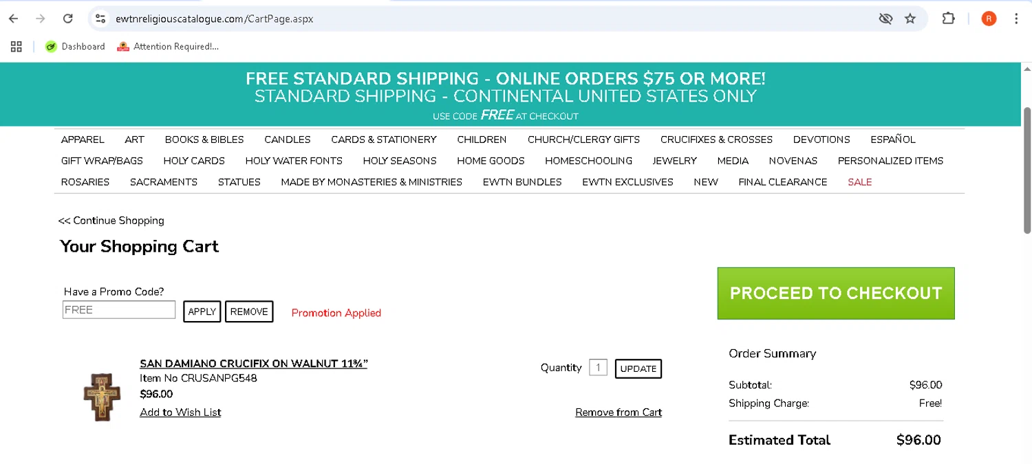 EWTN Religious Catalogue checkout page showing EWTN Religious Catalogue promo code box | Screenshot taken by SimplyCodes community member on May 10, 2025