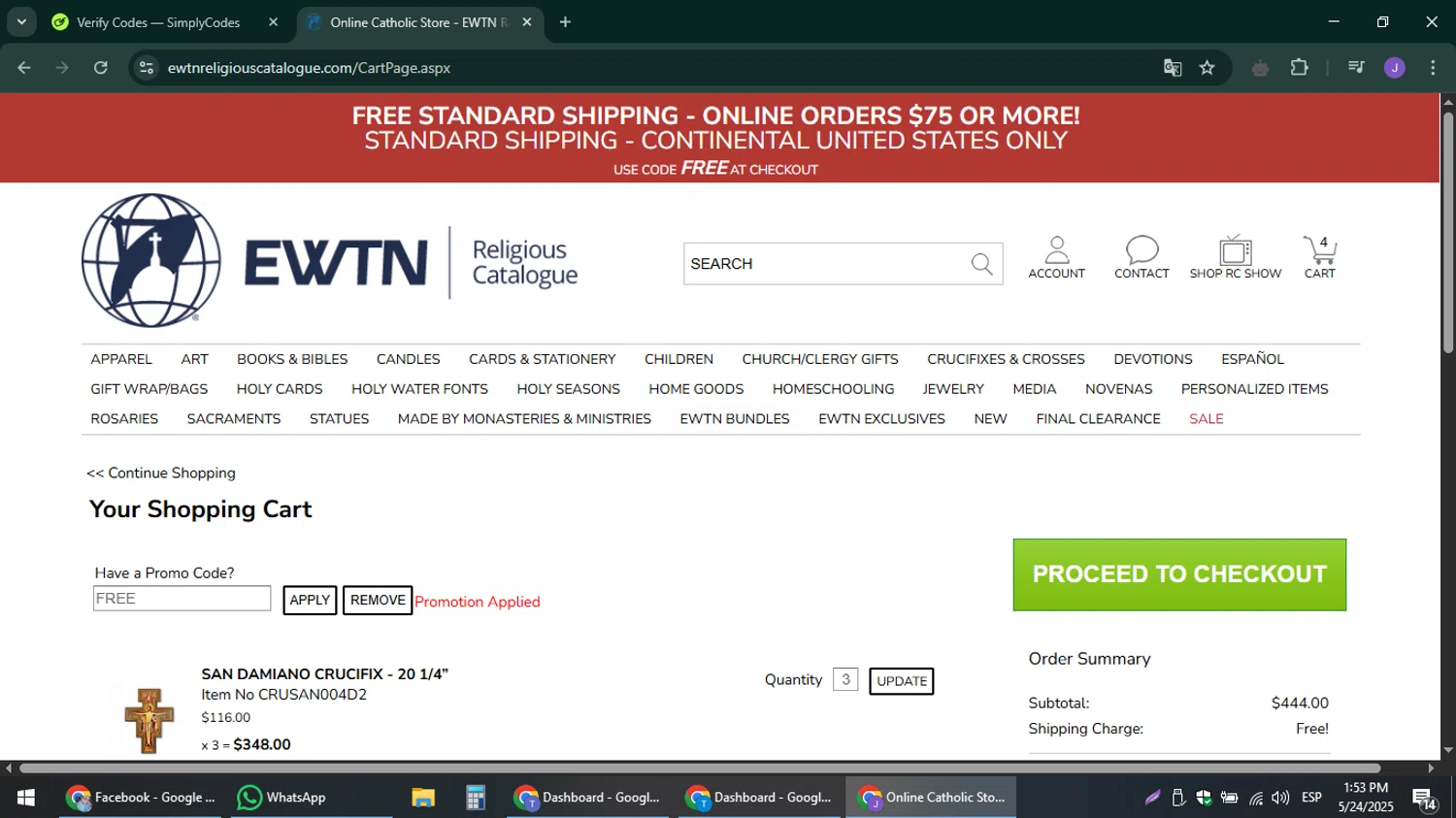 EWTN Religious Catalogue checkout page showing EWTN Religious Catalogue promo code box | Screenshot taken by SimplyCodes community member on May 24, 2025