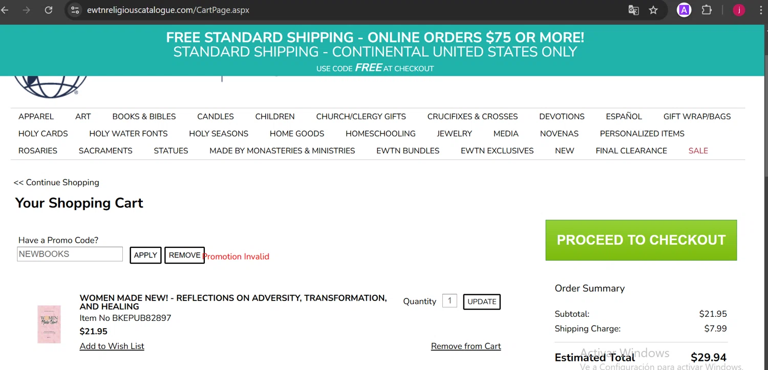 EWTN Religious Catalogue promo code screenshot showing code NEWBOOKS applied at EWTN Religious Catalogue checkout page. Uploaded by SimplyCodes community member DiaCritics on Feb 4, 2025