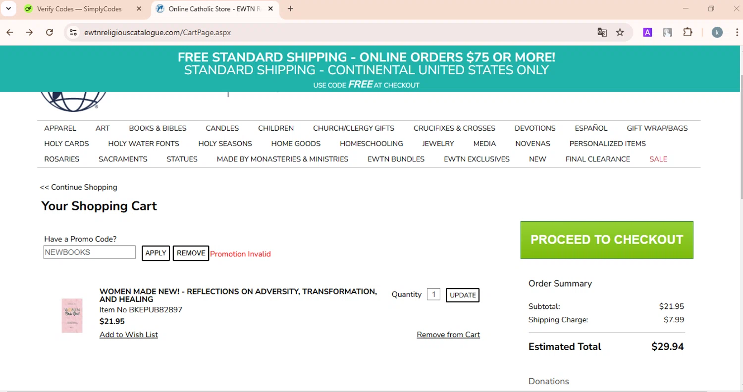 EWTN Religious Catalogue promo code screenshot showing code NEWBOOKS applied at EWTN Religious Catalogue checkout page. Uploaded by SimplyCodes community member FortunateMaven6799 on Feb 5, 2025
