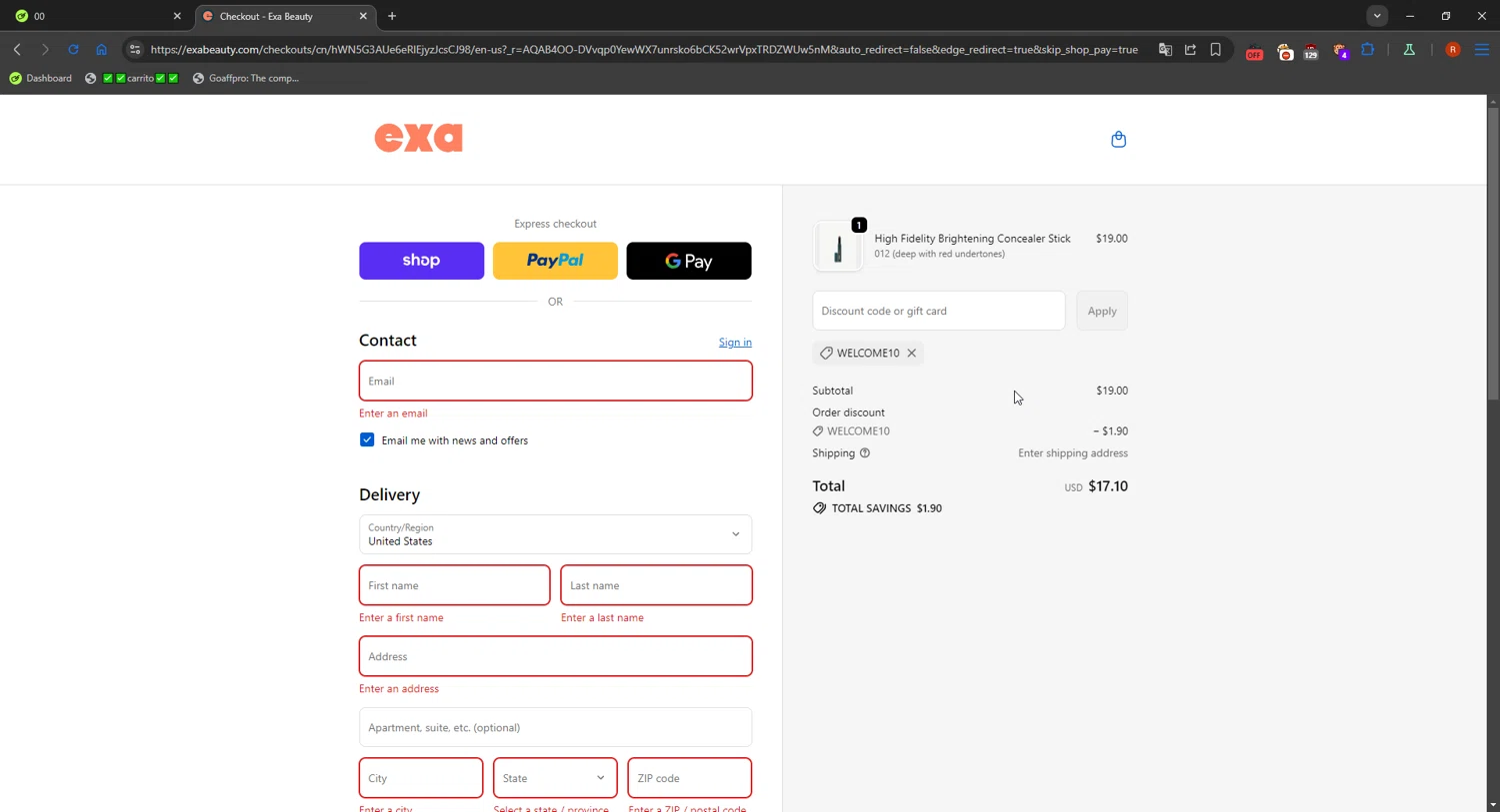 Exa Beauty discount code screenshot showing code WELCOME10 applied at Exa Beauty checkout page. Uploaded by SimplyCodes community member SavvyFinder1532 on Nov 13, 2025