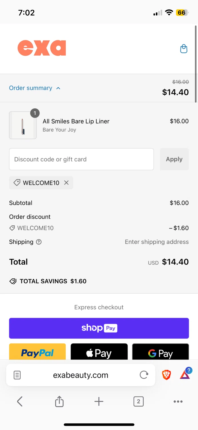 Exa Beauty discount code screenshot showing code WELCOME10 applied at Exa Beauty checkout page. Uploaded by SimplyCodes community member Yoseff2 on Jan 20, 2025