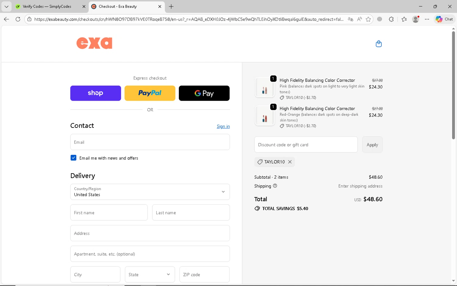 Exa Beauty checkout page showing Exa Beauty discount code box | Screenshot taken by SimplyCodes community member on Feb 4, 2026