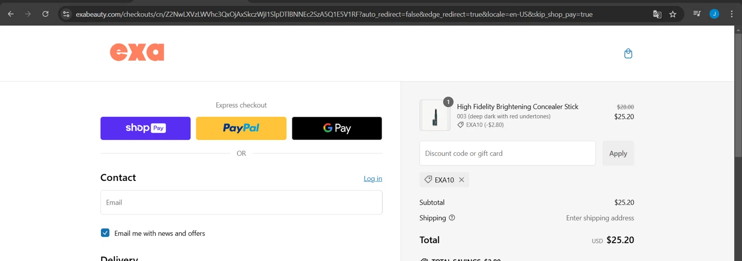 Exa Beauty discount code screenshot showing code EXA10 applied at Exa Beauty checkout page. Uploaded by SimplyCodes community member Jeanjc on Dec 27, 2024