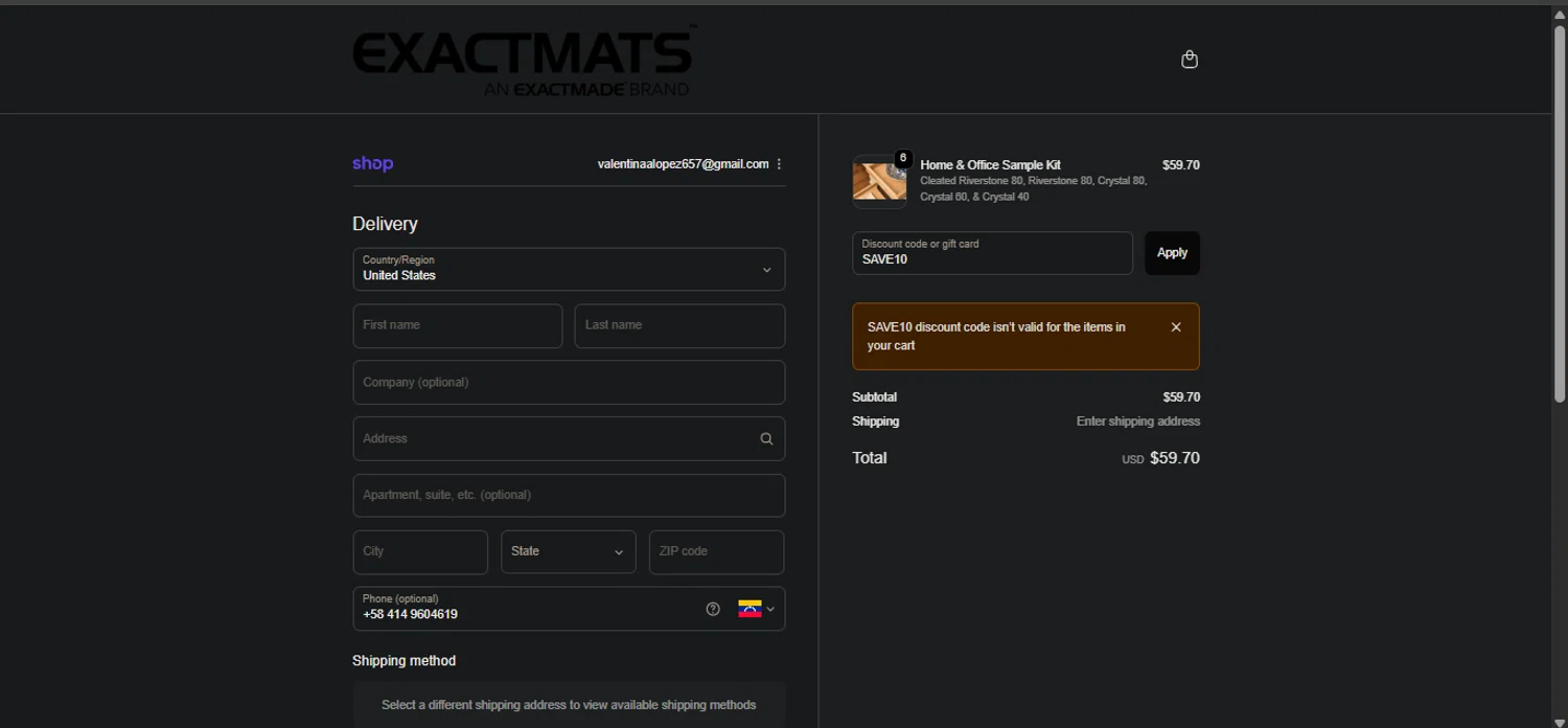 ExactMats discount code screenshot showing code SAVE10 applied at ExactMats checkout page. Uploaded by SimplyCodes community member Nicoletorres on Oct 10, 2025