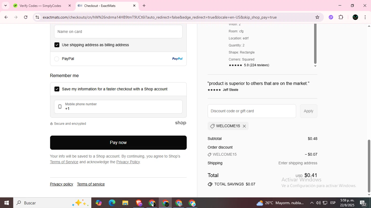 ExactMats discount code screenshot showing code WELCOME15 applied at ExactMats checkout page. Uploaded by SimplyCodes community member BargainWizard5755 on Aug 22, 2025
