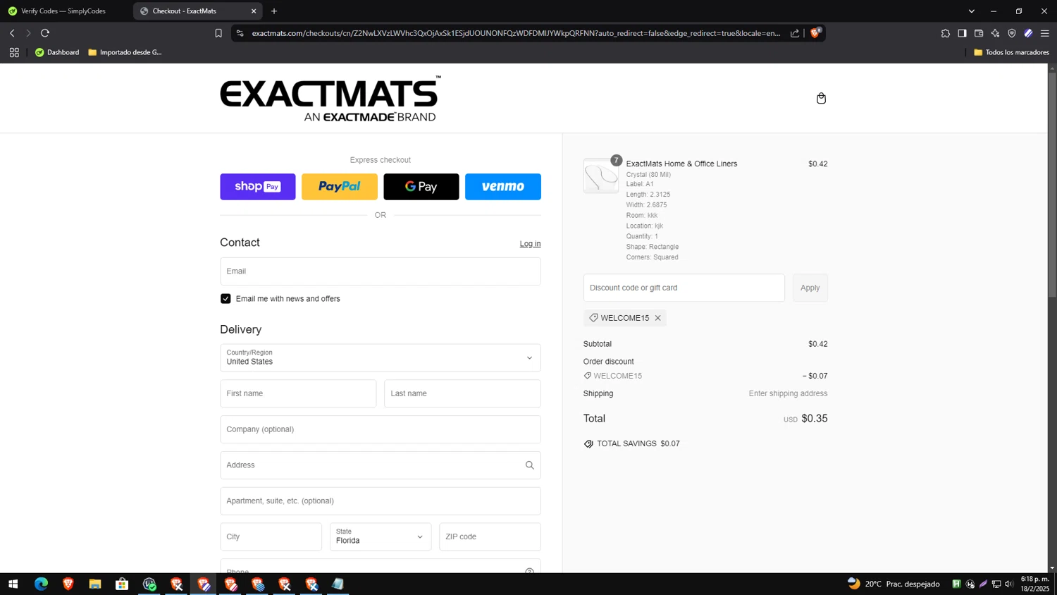 ExactMats discount code screenshot showing code WELCOME15 applied at ExactMats checkout page. Uploaded by SimplyCodes community member yesenia on Feb 18, 2025
