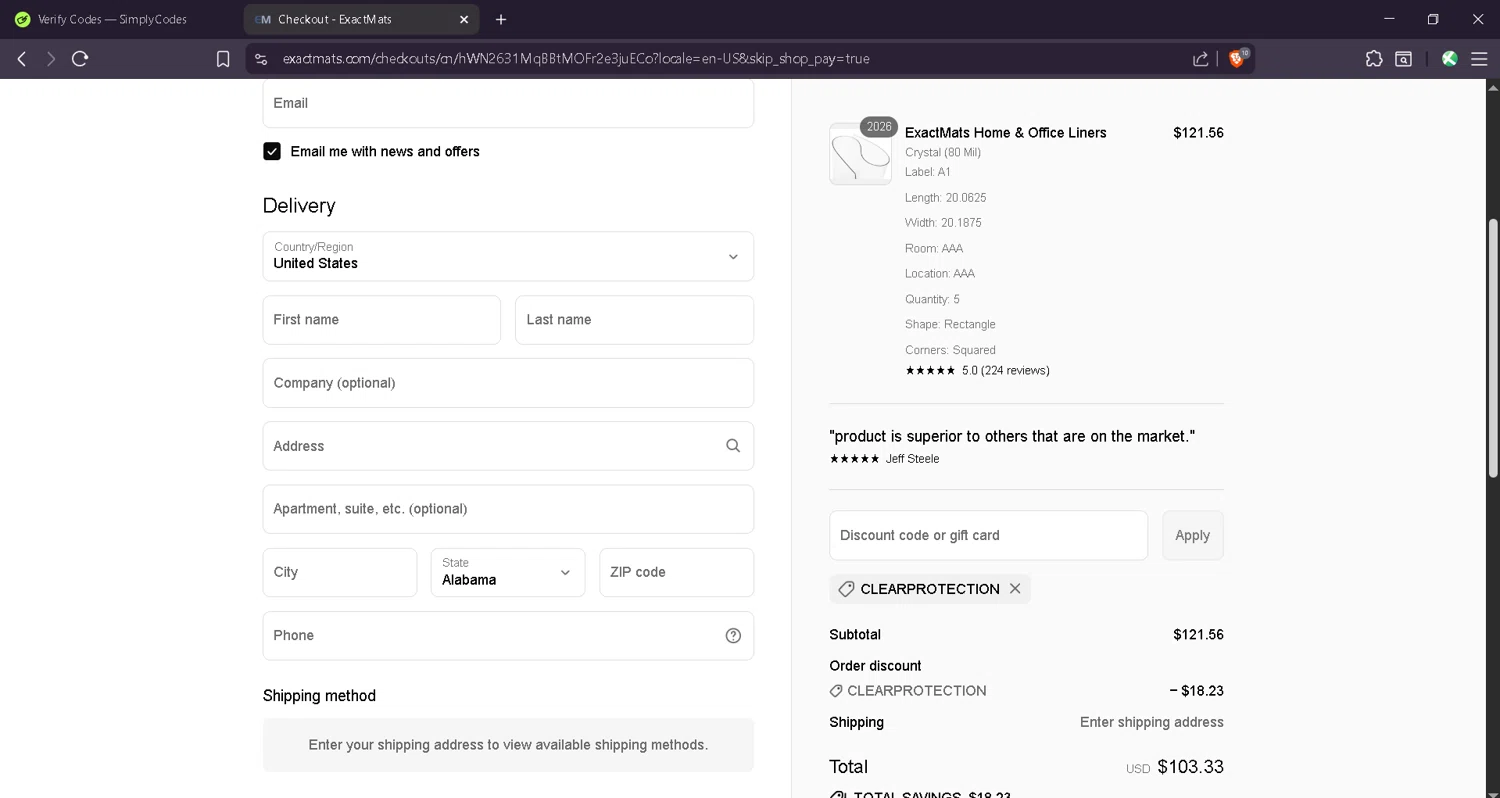 ExactMats discount code screenshot showing code CLEARPROTECTION applied at ExactMats checkout page. Uploaded by SimplyCodes community member Estefani4 on Aug 22, 2025