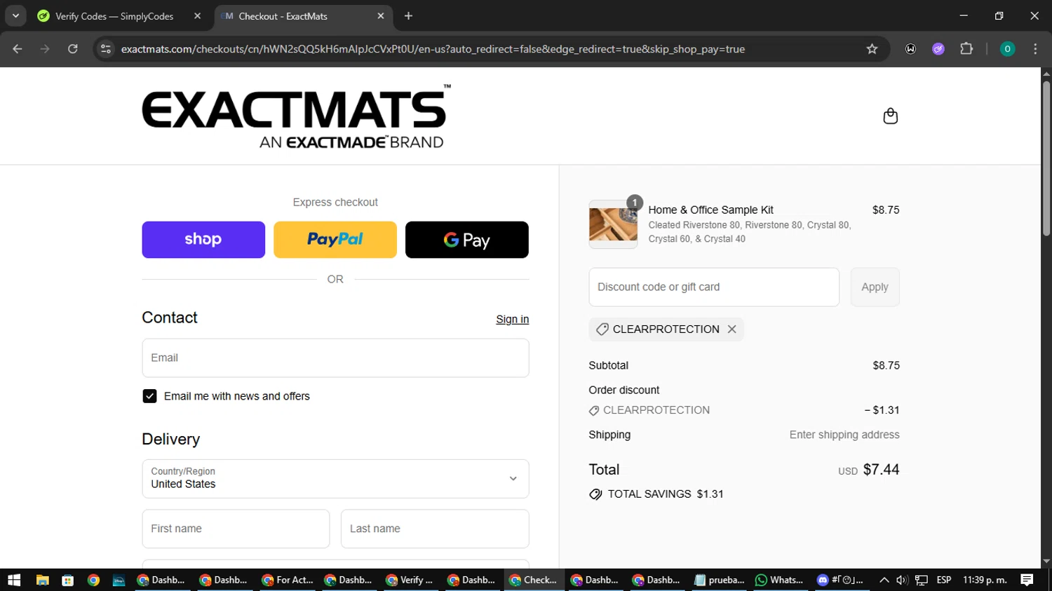 ExactMats discount code screenshot showing code CLEARPROTECTION applied at ExactMats checkout page. Uploaded by SimplyCodes community member LuckyDefender9428 on Sep 12, 2025