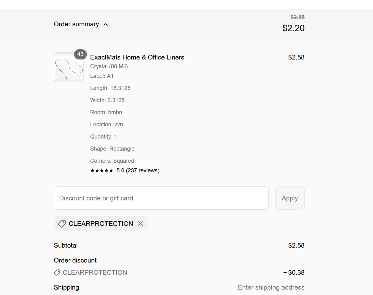 ExactMats discount code screenshot showing code CLEARPROTECTION applied at ExactMats checkout page. Uploaded by SimplyCodes community member ValiantLion5897 on Sep 8, 2025