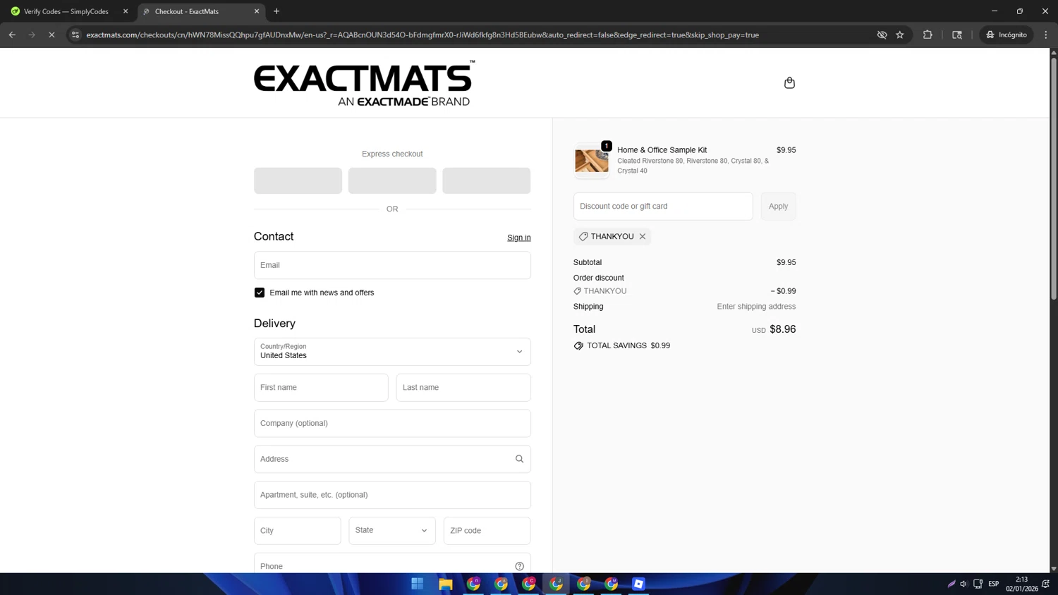 ExactMats discount code screenshot showing code THANKYOU applied at ExactMats checkout page. Uploaded by SimplyCodes community member AVATIGRITO on Jan 2, 2026