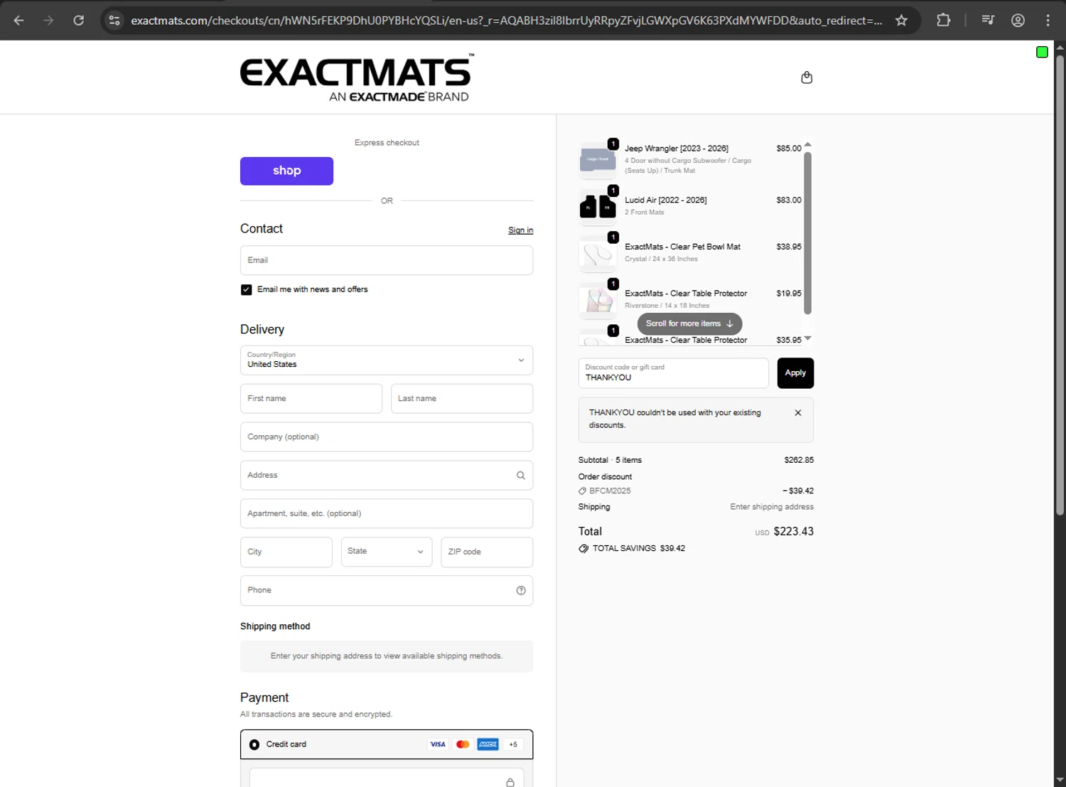 ExactMats discount code screenshot showing code THANKYOU applied at ExactMats checkout page. Uploaded by SimplyCodes community member fiadaz on Nov 29, 2025