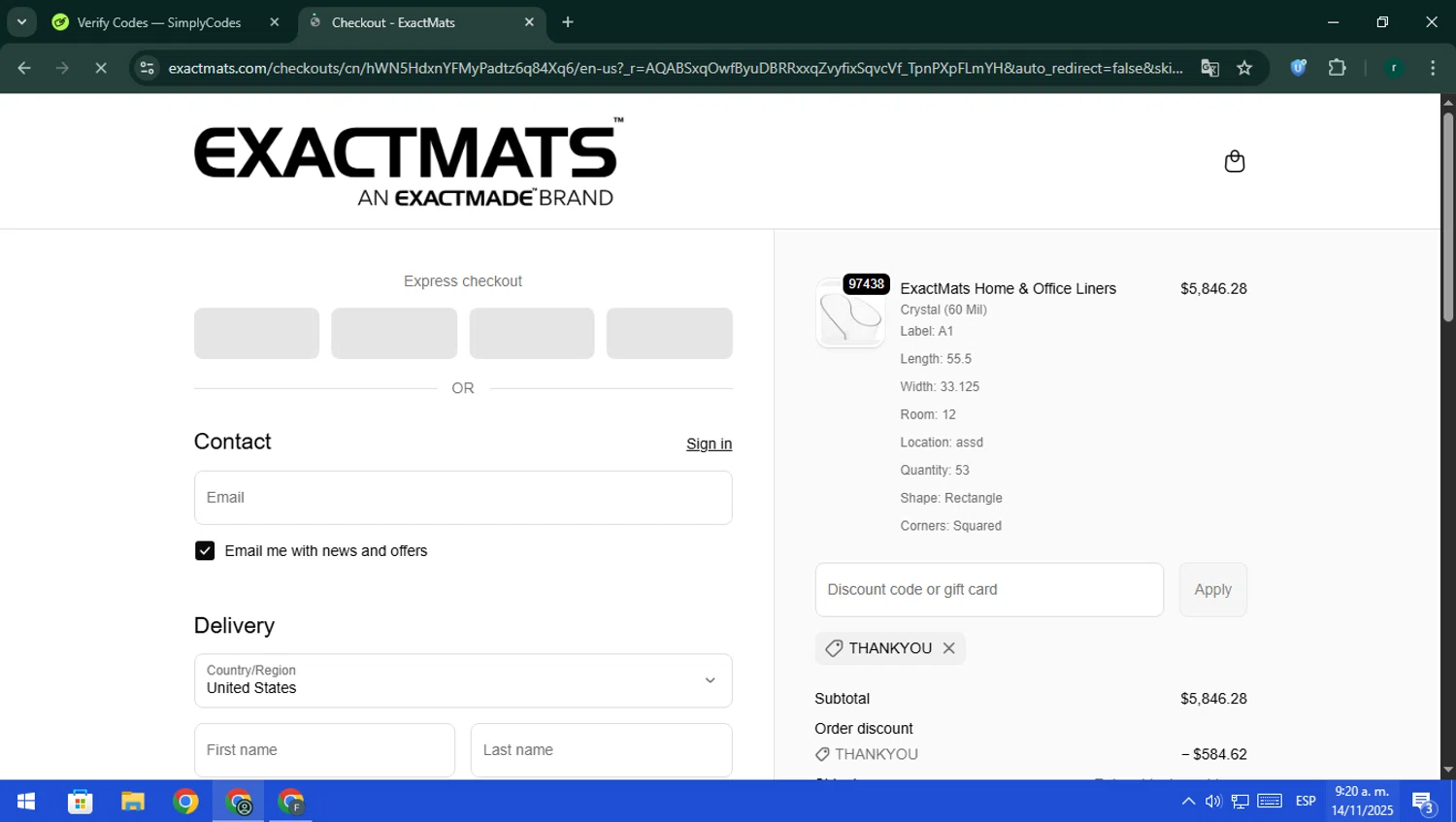 ExactMats discount code screenshot showing code THANKYOU applied at ExactMats checkout page. Uploaded by SimplyCodes community member rodri1 on Nov 14, 2025