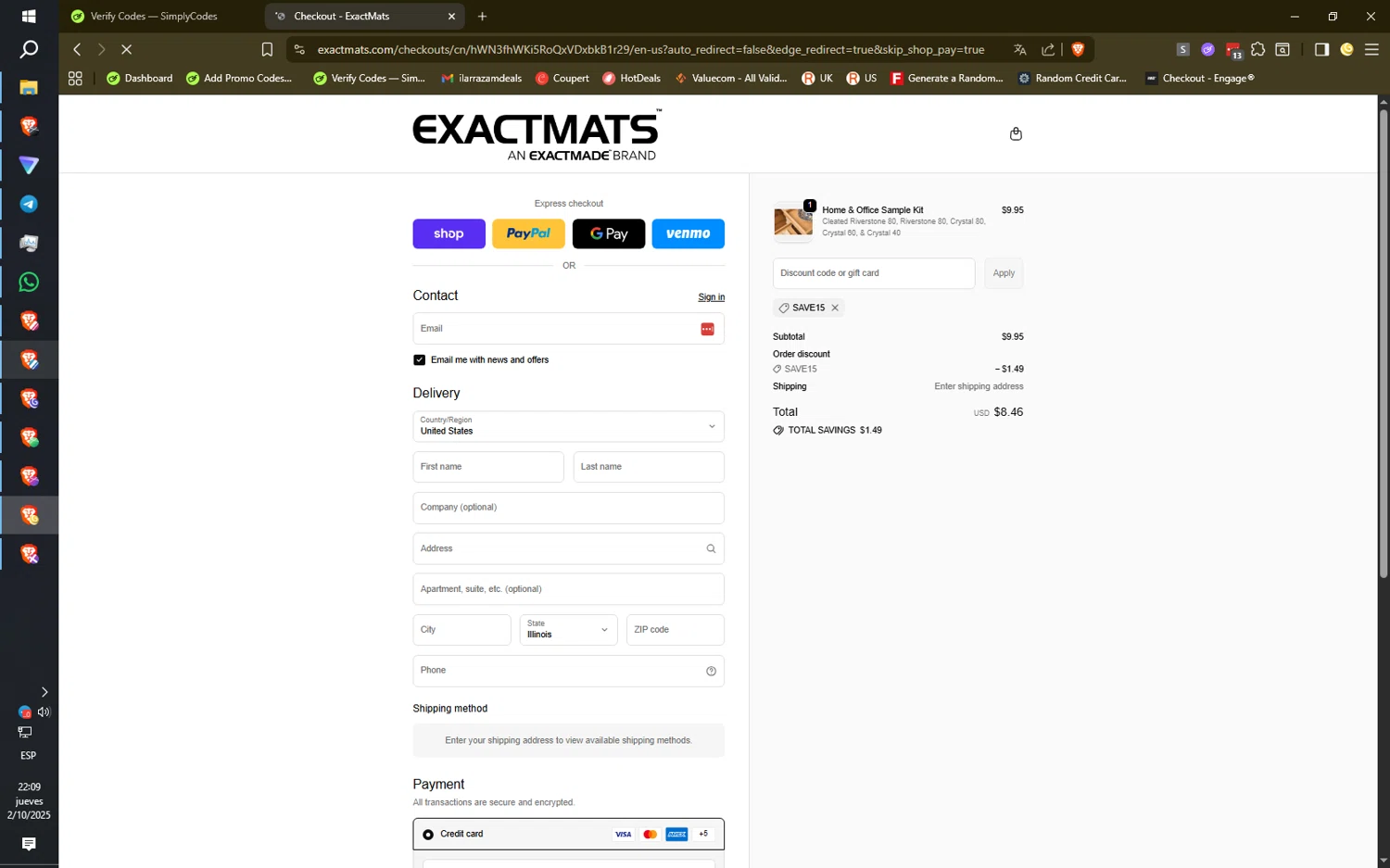 ExactMats discount code screenshot showing code SAVE15 applied at ExactMats checkout page. Uploaded by SimplyCodes community member HiddenPulse7619 on Oct 3, 2025