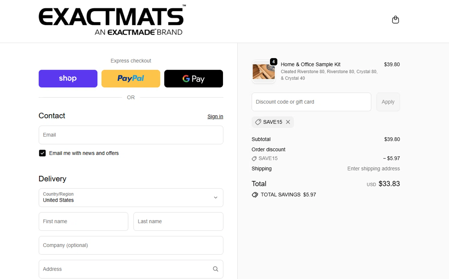 ExactMats discount code screenshot showing code SAVE15 applied at ExactMats checkout page. Uploaded by SimplyCodes community member joandgray9 on Dec 5, 2025