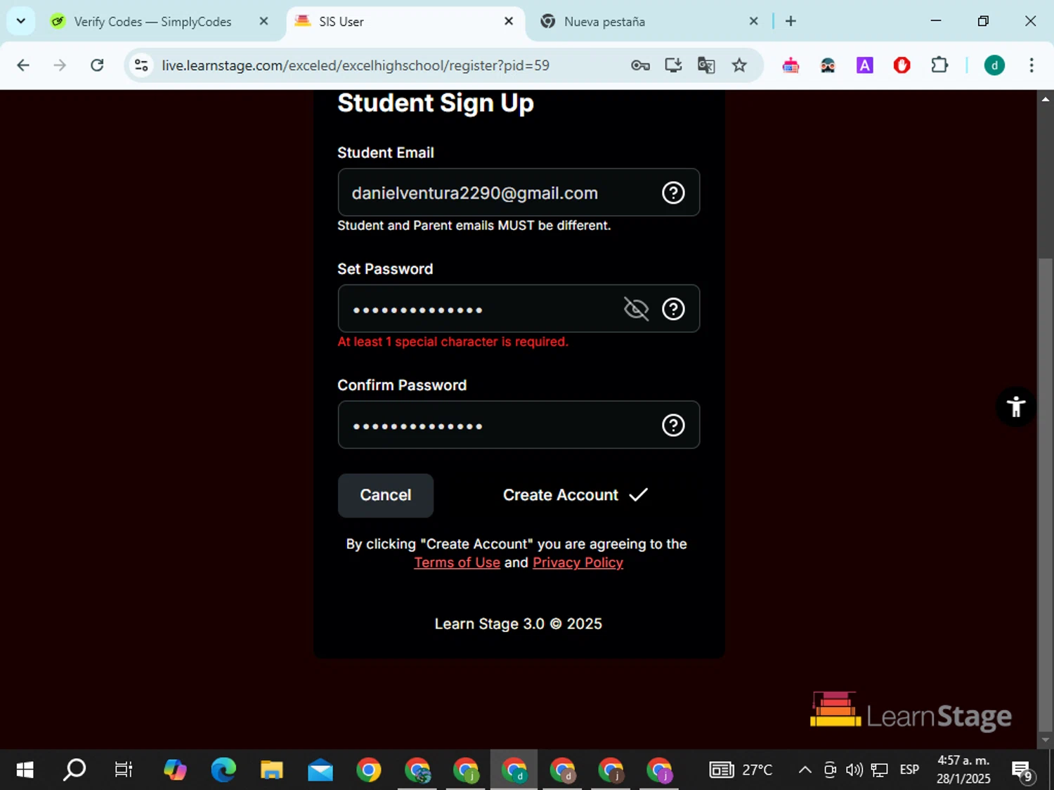 Excel High School promo code screenshot showing code SPRING25 applied at Excel High School checkout page. Uploaded by SimplyCodes community member ExtraordinaryNavigator4975 on Jan 28, 2025