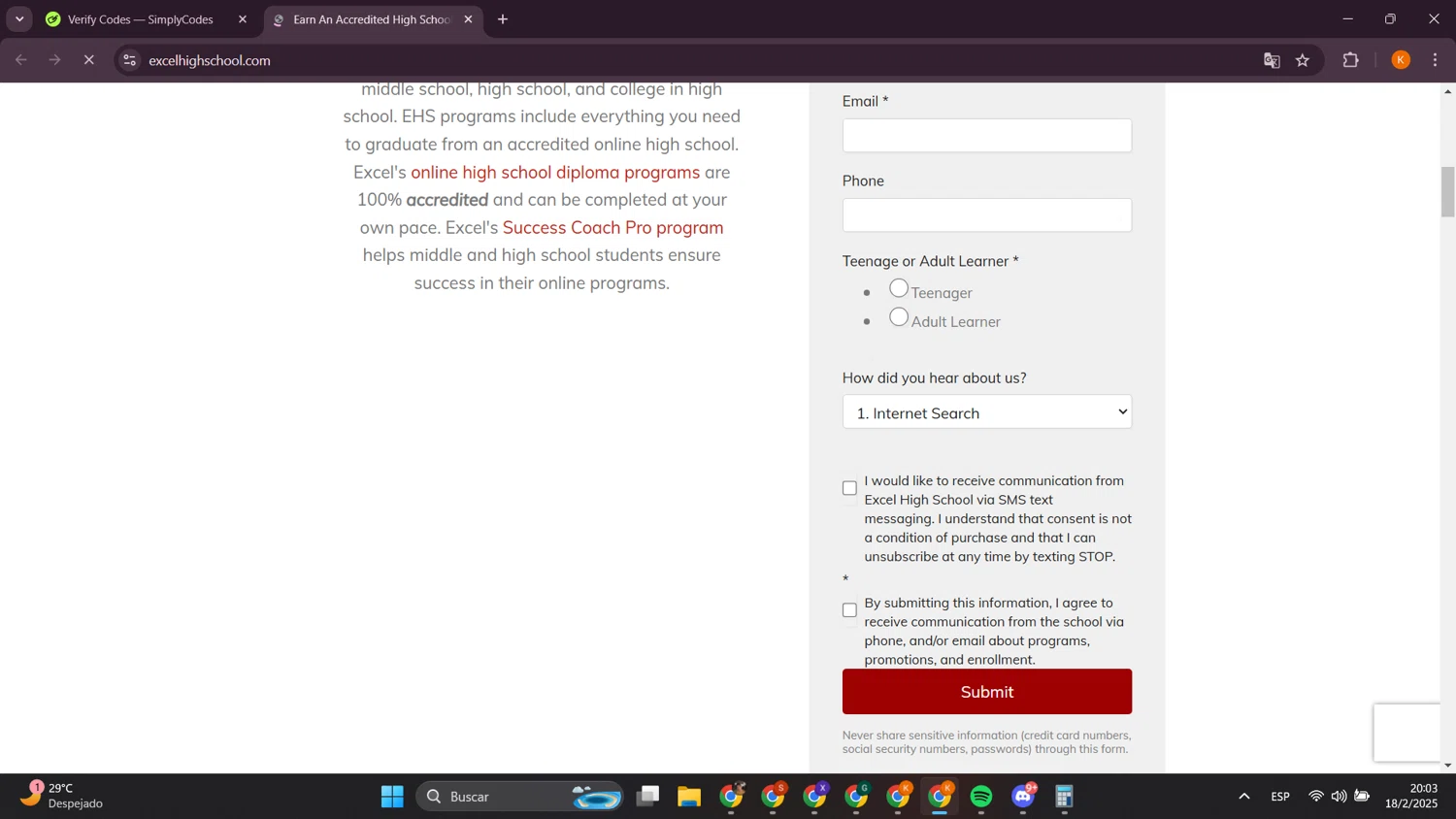 Excel High School promo code screenshot showing code SPRING25 applied at Excel High School checkout page. Uploaded by SimplyCodes community member davidsalazar on Feb 19, 2025