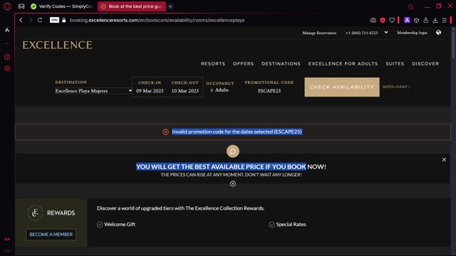 Excellence Resorts checkout page showing Excellence Resorts promo code box | Screenshot taken by SimplyCodes community member on Mar 7, 2025