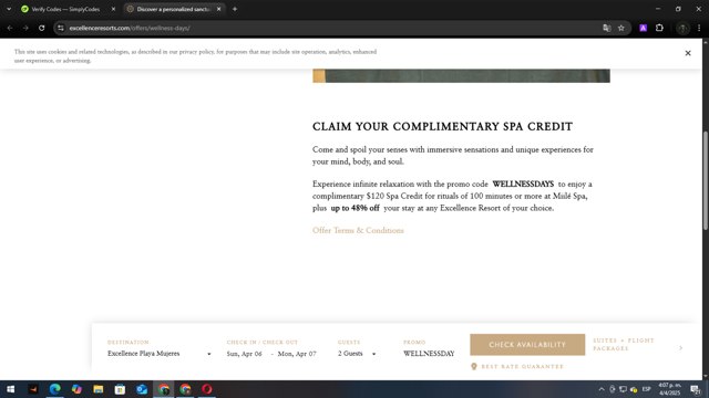 Excellence Resorts checkout page showing Excellence Resorts promo code box | Screenshot taken by SimplyCodes community member on Apr 4, 2025