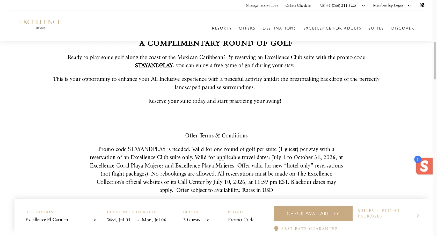 Excellence Resorts promo code screenshot showing code STAYANDPLAY applied at Excellence Resorts checkout page. Uploaded by SimplyCodes community member mrdarcy on Jun 9, 2026